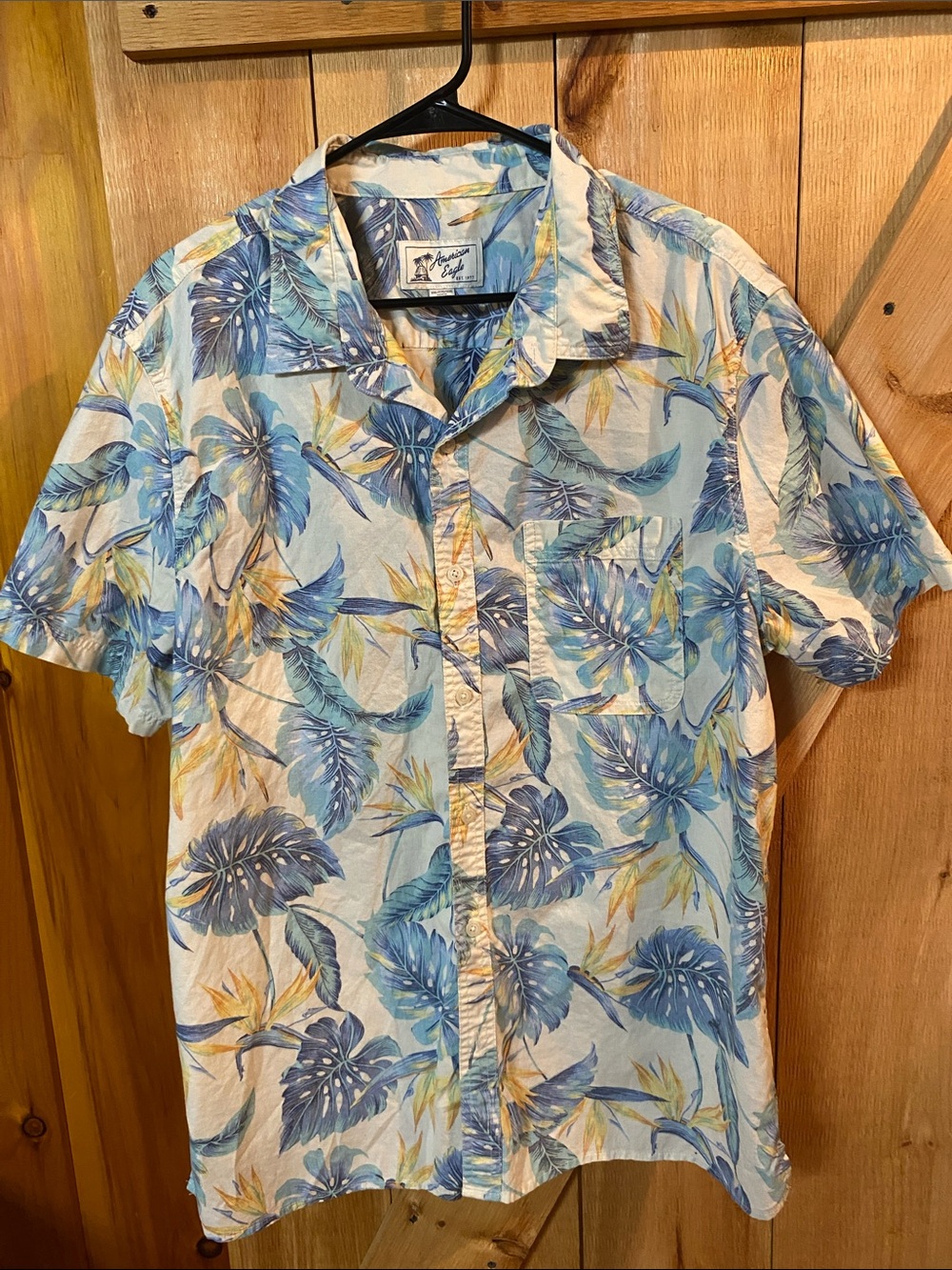American Eagle Outfitters Blue and Cream Tropical Leaf Button-Down Shirt